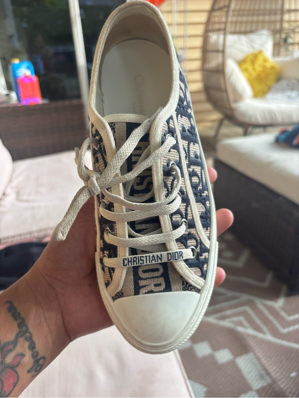 Dior Navy Logo Canvas Low-Top Sneaker with Cream Trim